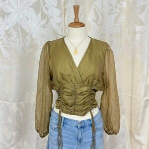Sheer Long Sleeve‎ Ruched Wrap Crop Top Olive Green L